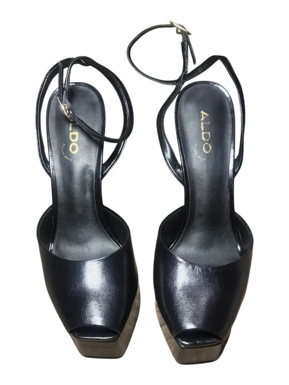 ALDO Black Thalina Leather Platform Stiletto Peep-Toe Heel with Ankle Strap